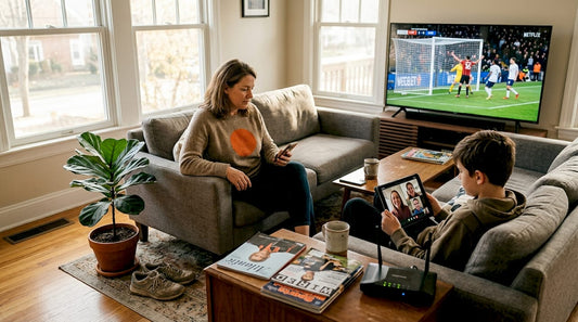 Family using 5G electronics in living room
