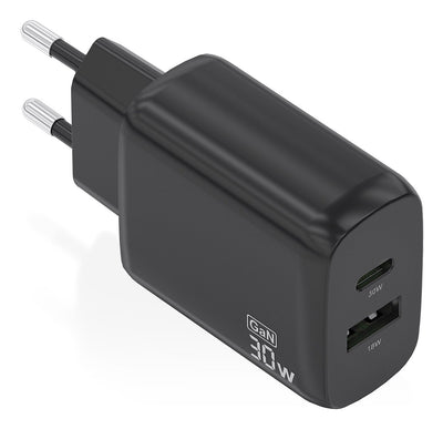 Aisens Charger GaN 30W, 1x USB-C PD 3.0 QC4.0, 1x USB-A QC3.0, Black — image 1