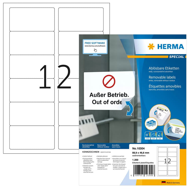 Herma Labels A4 White 88,9X46,6MM Removable Paper 1200 Pieces