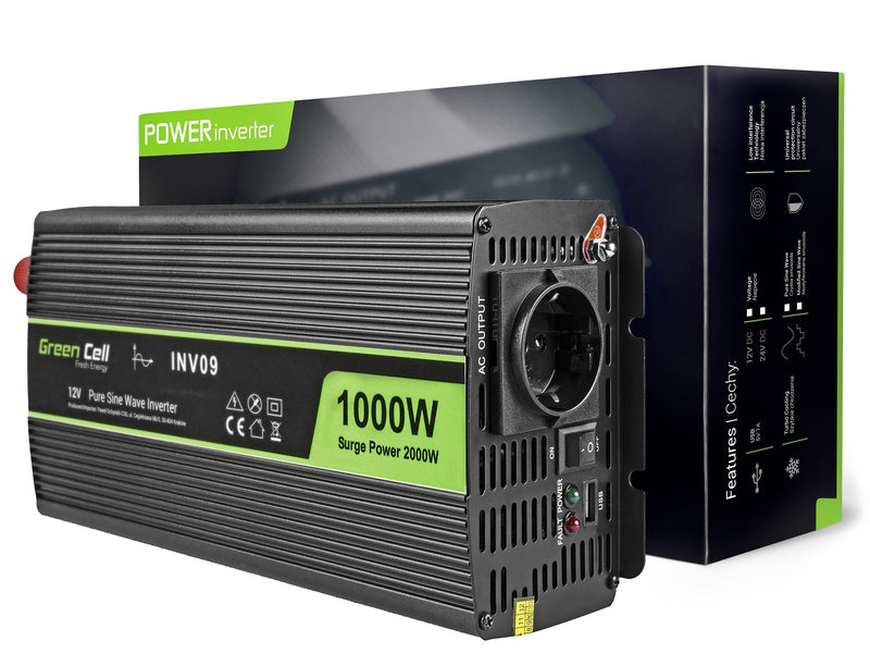 Green Cell Inversor Voltaje Automóvil ® 12V a 230V, 1000W / 2000W Onda Sinusoidal Complete