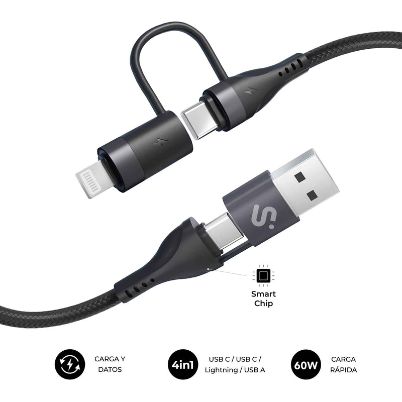 Subblim Cable Top 4 1 60W USB-A/2x USB-C/Lightning 1M Black 60W/ Length 1M/ Cable 4 1 (usb-a/C-c/Lightning/ PD