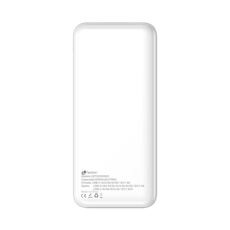 Leotec Powerbank 20000MAH 22,5W PD20W Blan (1 USB-C + 2USB-A Inc USB-A a Usb-c)