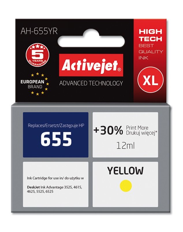 Activejet Ink Ah-655YR (reemplazo HP 655 CZ112AE - Premium - 12ML - Yellow