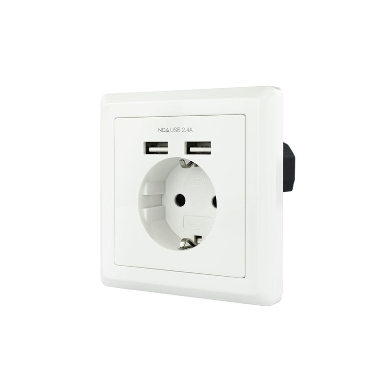 Nanocable Roseta Base Plug Wall Recessed Type Schuko With 2 Sockets USB 2.4A - White