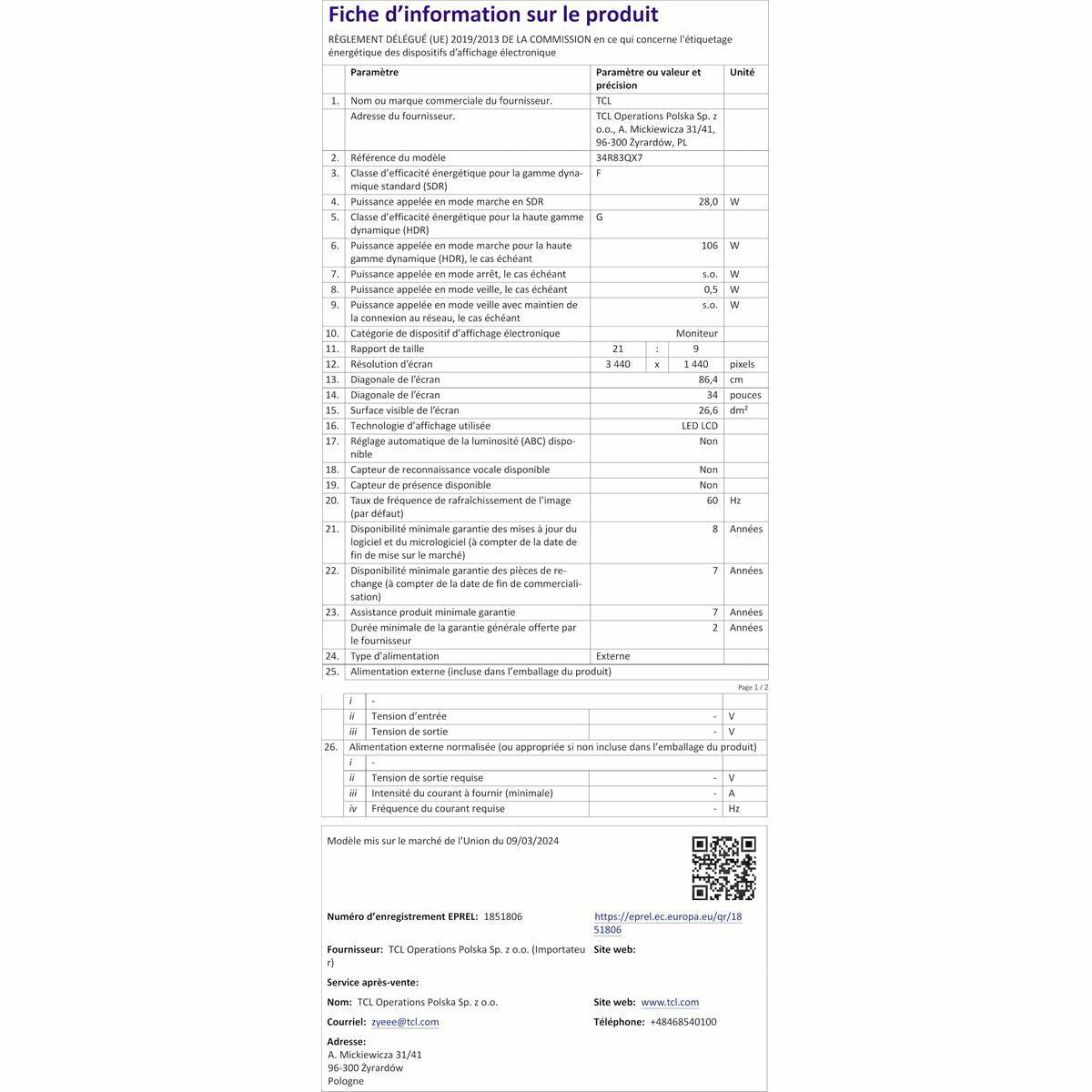Tcl Monitor Tcl 34R83Q Lcd 37"