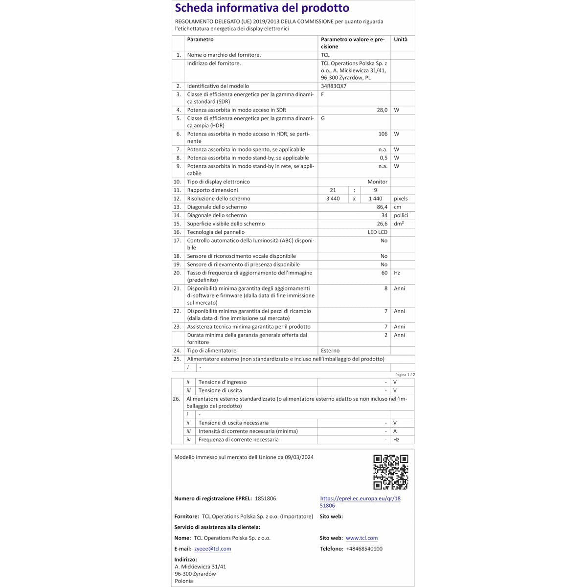 Tcl Monitor Tcl 34R83Q Lcd 37"
