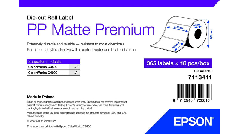 Epson 7113411 Label Printer White 102X76MM 365 Labels