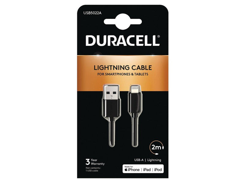 Duracell USB Cable Lightning USB5022A USB Male Lightning Male 2M Black