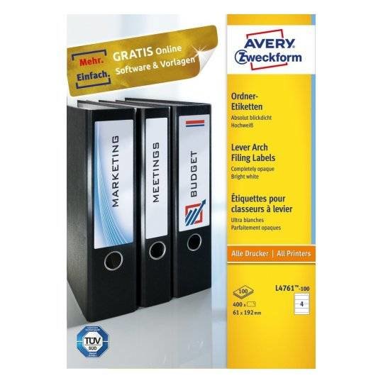 Avery Zweckform Labels Ring Binder L4761-100 White - 400 Units