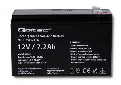 Qoltec 53062 Agm Battery 12V 7.2AH Max. 108A