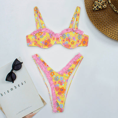 Womens Sexy Floral Two-Piece High-Waist Bikini Set