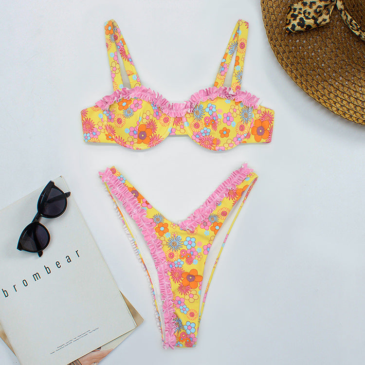 Womens Sexy Floral Two-Piece High-Waist Bikini Set