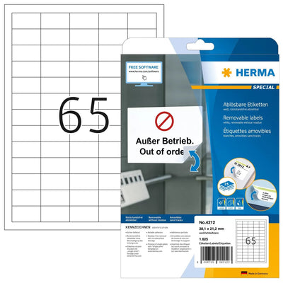 Herma Labels A4 White 38,1X21,2MM Removable Paper 1625 PC — image 1