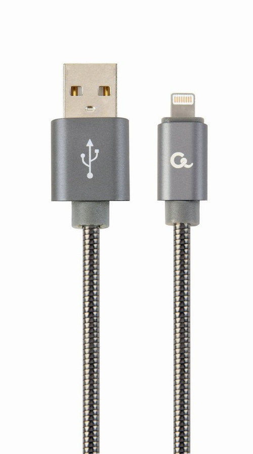 Gembird CC-USB2S-AMLM-2M-BG Premium Cable Charging And Datos Metal Espiral 8 Pines, 2M, Grey Metallic — image 1