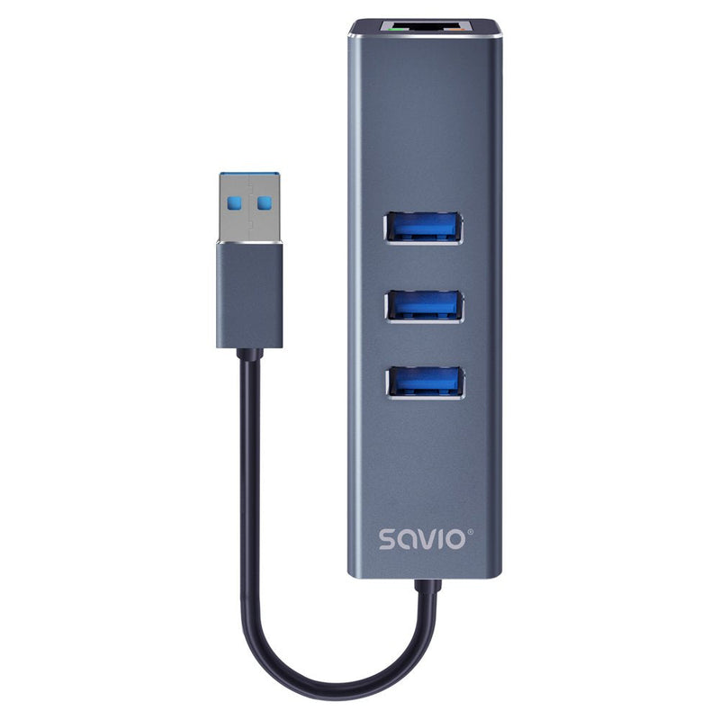 Savio AK-57 USB-A - Hub 3 X USB-A With Adapter RJ-45 Gigabit Ethernet, 5000 Mbit/S, Grey