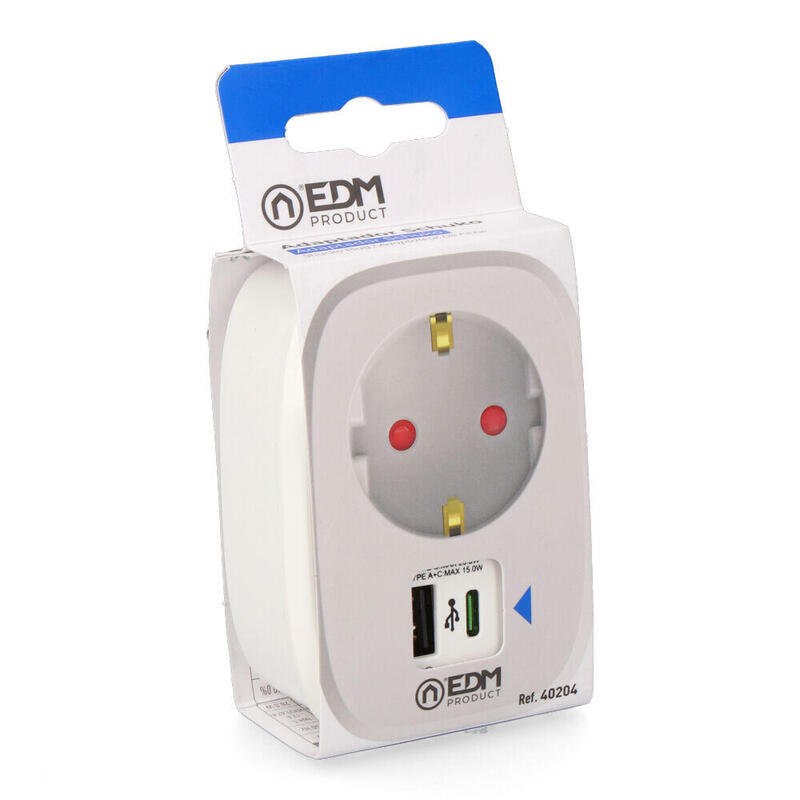 Adapter 1 Socket 2P + T Schuko With 2 USB (a + C), White