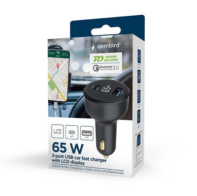 Gembird TA-UC-AC2PD65LCD-CAR-01 Charger Dispositivo Mobile Phone Universal Black Encendedor Cigarrillos Chargi — image 1