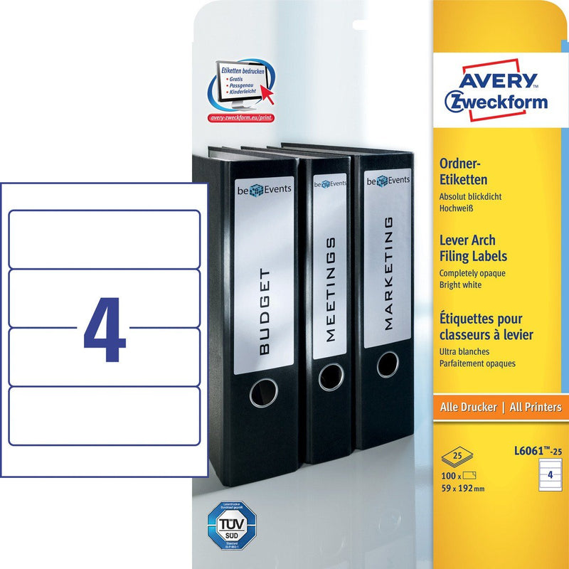 Avery Zweckform Labels Ring Binder L6061-25 White - 120 Units