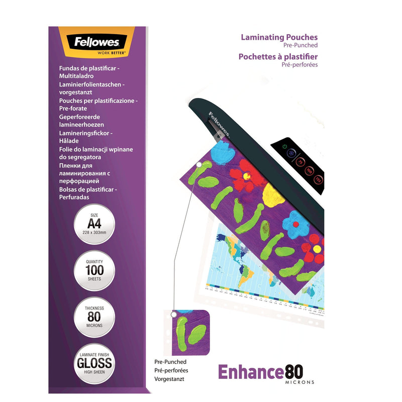 Fellowes Pack 100 Cases Plastificar 80 Mic. Taladradas 228X303MM