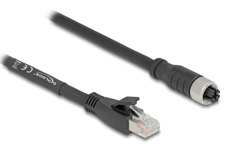 Delock M12 Cable X-kodiert 8 Pin Connector Female a RJ45 Connector Male CAT.5E S FTP Flexible 5M Black