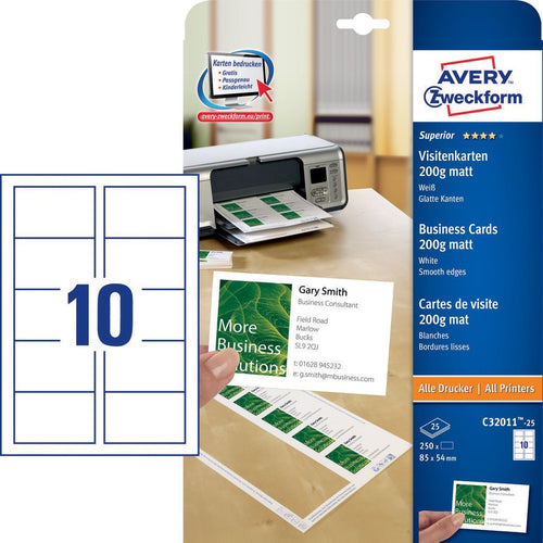 Avery Zweckform Visitenkarten C32011-25 Matte White 200G Qm, 250 Units — image 1