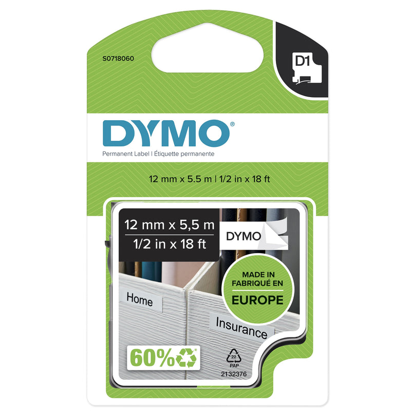 Dymo Tape Labels D1 Genuine Poliéster High Yield, Black Sobre White 12MM X 5,5M Black S0718060