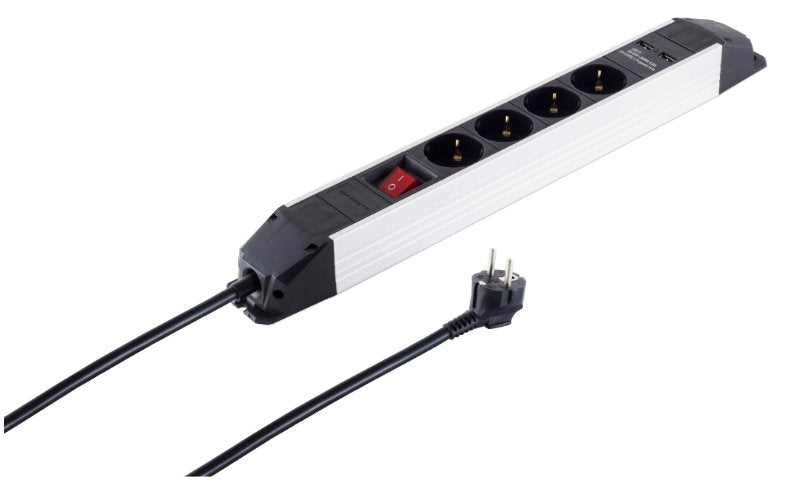 4ER Power Strip Plugs Alu 2x USB Black