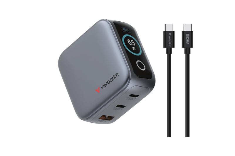 Verbatim Wall Charger Universal GaN Travel Mini GaN Charger With Screen 2x USB Type-c 1x USB 65W