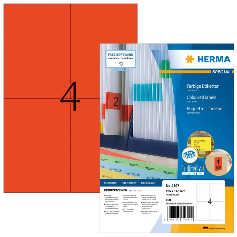Herma Labels A4 Red 105X148 Mm Paper Matte 400 Units